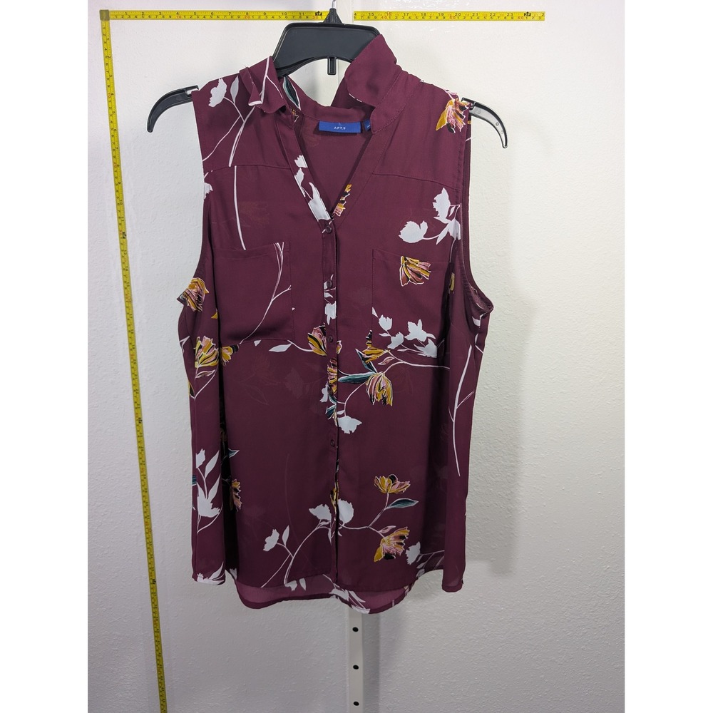 Apt. 9 Womens Sleeveless Button Down Floral‎ Blouse Burgundy Wine Size L